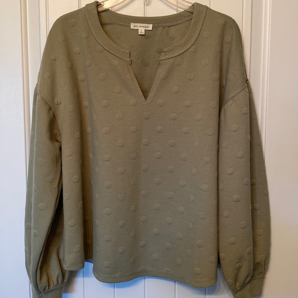 Sage green balloon sleeve v-neck polka-dot pattern tunic in EUC. Worn twice.